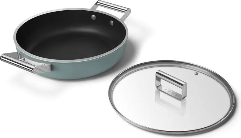 Oală puțin adâncă cu capac Smeg DPF2812EGM, 28 cm, 4,3 l, acoperire ceramică antiaderentă, potrivită pentru cuptor până la 250 °C, fără PFAS, compatibilă cu plitele cu inducție, verde smarald