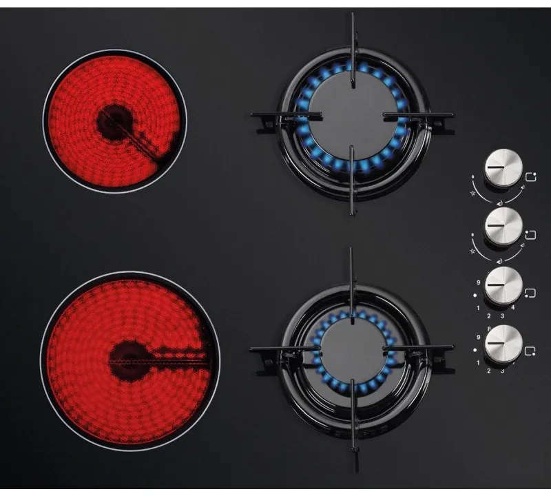 Plita combinată pe gaz si electric Luxell V6-22PYF, 2+2 gaz si electric, Aprindere automata, Sistem de siguranta, Negru