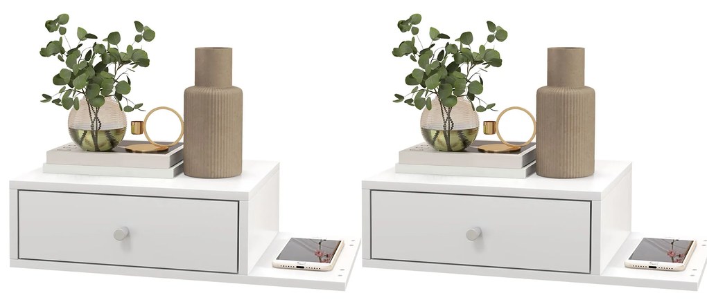 HOMCOM Set de 2 noptiere de perete - set de 2 noptiere - raft lateral și sertar - 55l x 30P x 15H cm MDF alb | Aosom Romania