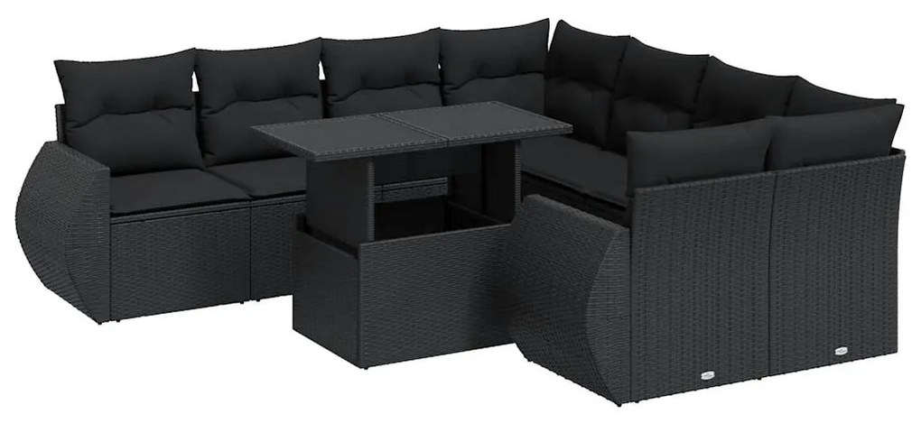 3326606 vidaXL Set mobilier de grădină cu perne, 9 piese, negru, poliratan