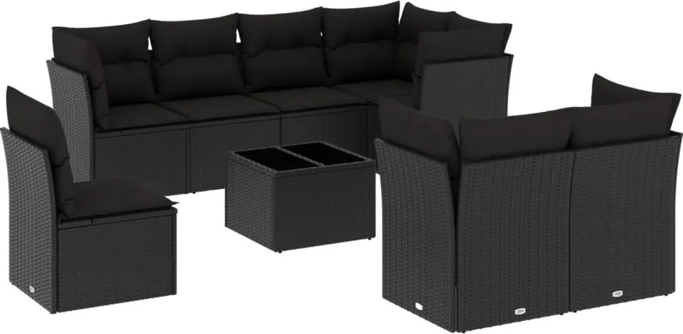 vidaXL Set mobilier de grădină cu perne, 9 piese, negru, poliratan