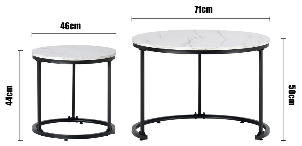 Set de 2 Măsuțe de Cafea Moderne Rotunde Suprapozabile din MDF cu Structură din Metal, Design Economisire Spațiu, 50x70,5 cm+45,5x44 cm, culoare marmură