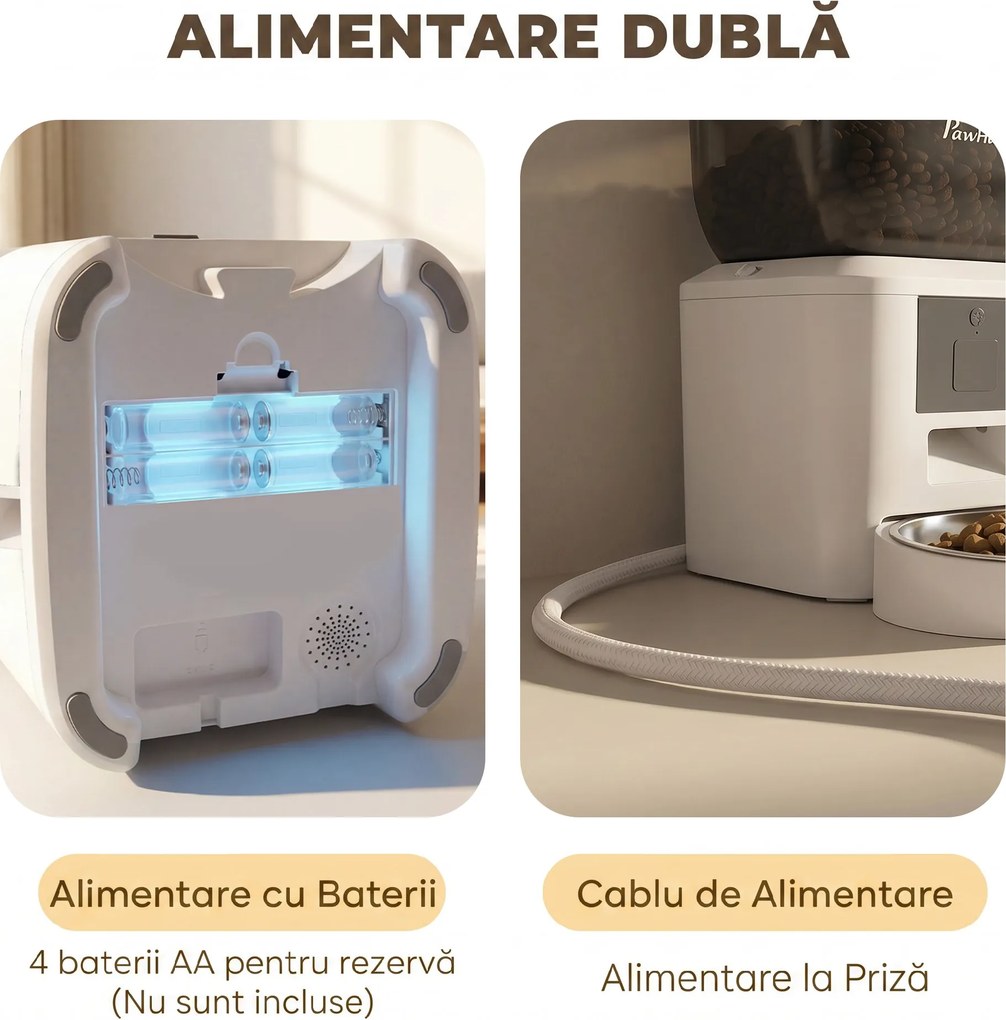 PawHut Distribuitor Automat de Hrană pentru Pisici 4L, WiFi 2.4G, Control App cu Înregistrare 10s, Bol, Alb | Aosom Romania