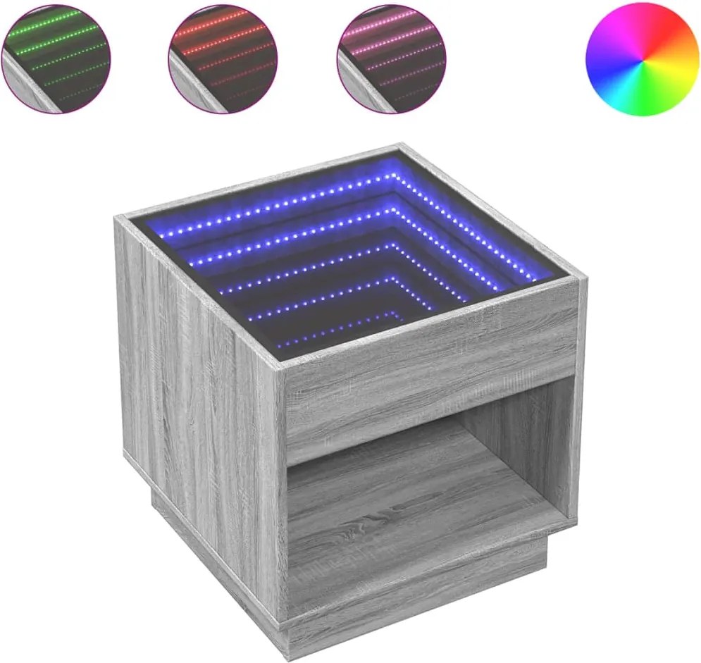 vidaXL Măsuță de cafea cu LED infinity, gri sonoma, 50x50x50 cm
