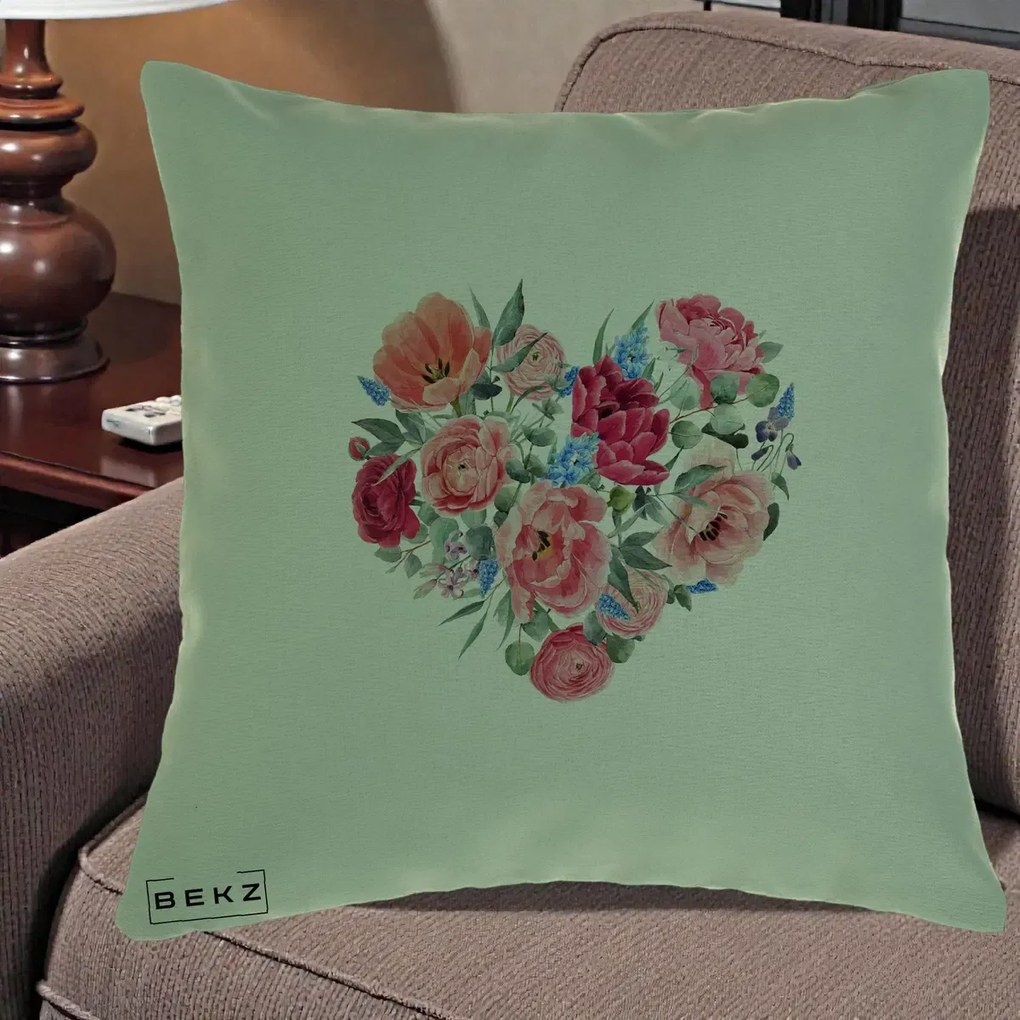 Perna Decorativa Inima din Bujori Acuarela, 40x40 cm, Verde, Husa Detasabila, Perna Inclusa, BEKZ®