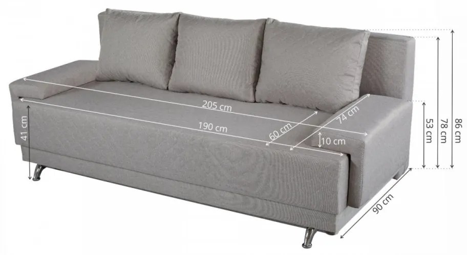 Canapea extensibila Napoli Grey, 205x90x86 cm, cu lada de depozitare