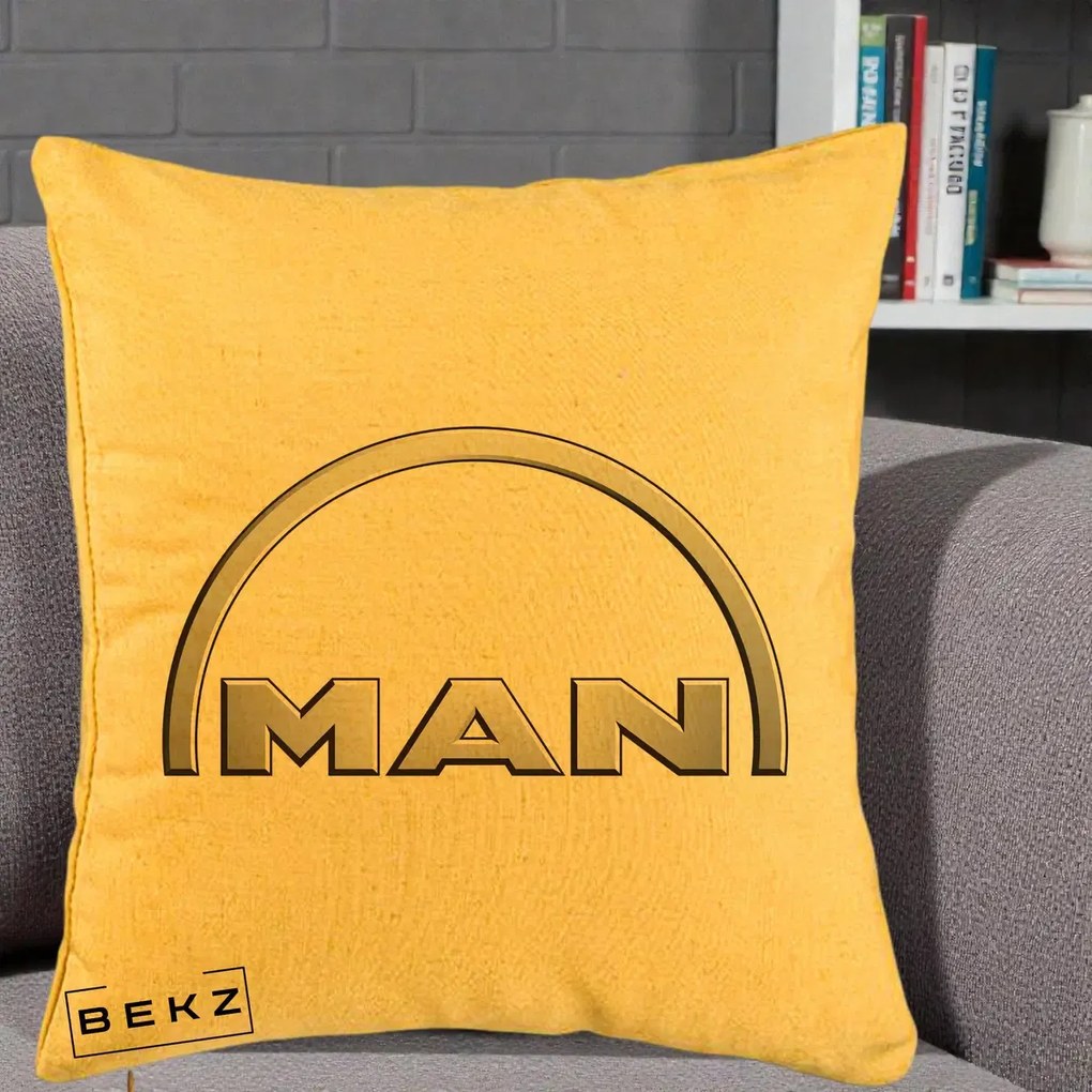 Perna Personalizata cu emblema MAN, 40x40 cm, Galben, Husa Detasabila, Perna Inclusa, BEKZ®