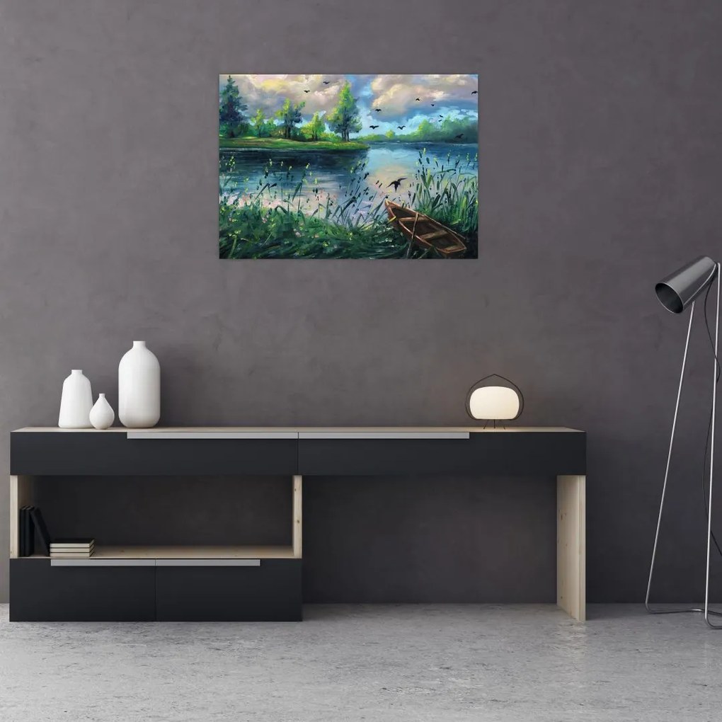 Tablou- Pictură în ulei, seară de vară lângă lac (70x50 cm)