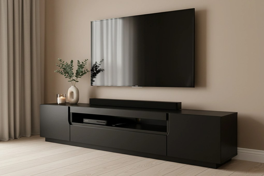 Comodă TV Loftia 200 cm, cu două uși și nișă – negru / negru mat