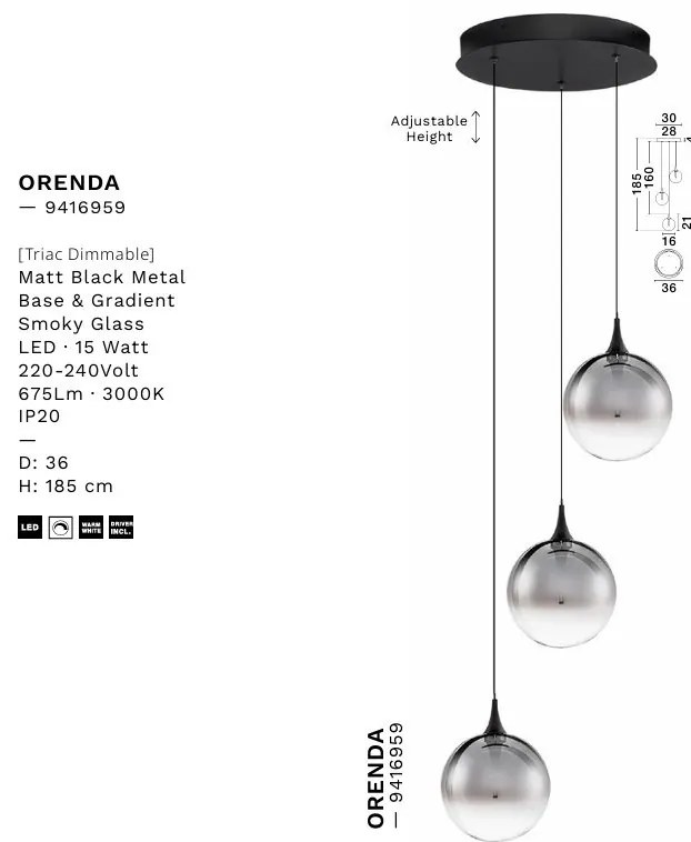 Lustra moderna cu 3 pendule LED, Metal, Sticla, Fumuriu, ORENDA