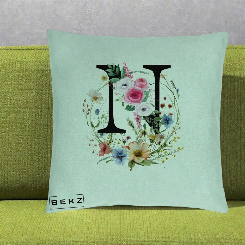 Cadou Personalizat - Perna Personalizata Monogram Litera N cu Flori Acuarela, 40x40 cm, Verde Menta, Husa Detasabila, Perna Inclusa, BEKZ®
