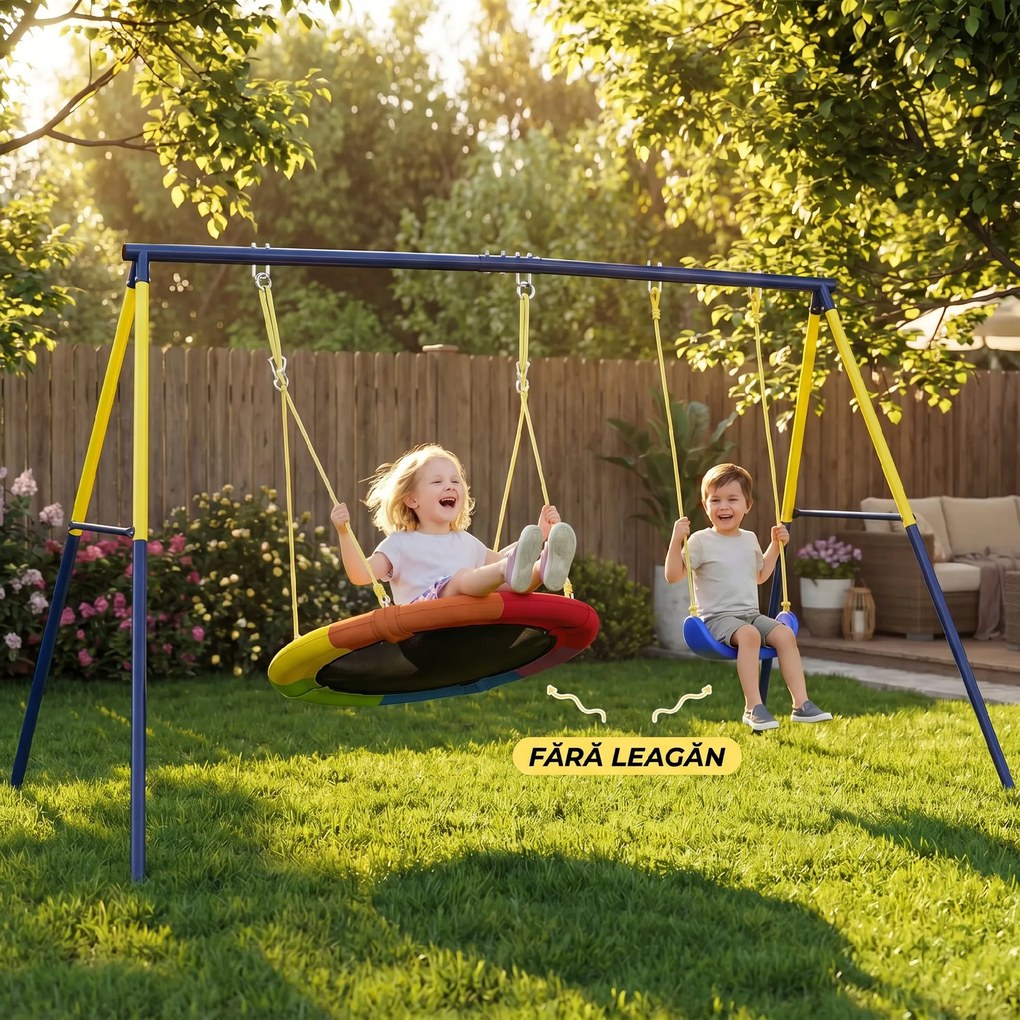 AIYAPLAY Cadru pentru Leagăn de Grădină pentru Copii, Structură din Oțel, Anti-UV, Impermeabil, Suportă 150 kg, cu 4 Cârlige pentru Leagăn Tip Cuib, Leagăn în U, Scară, 260x160x178 cm, Albastru | Aosom Romania