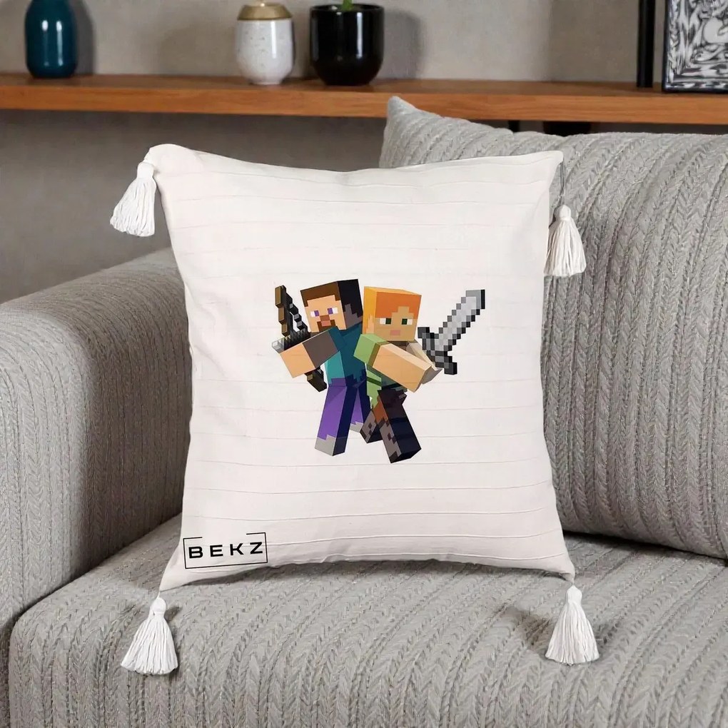 Perna Personalizata Minecraft Steve si Alex, 40x40 cm, Bej cu Franjuri, Husa Detasabila, Perna Inclusa, BEKZ®