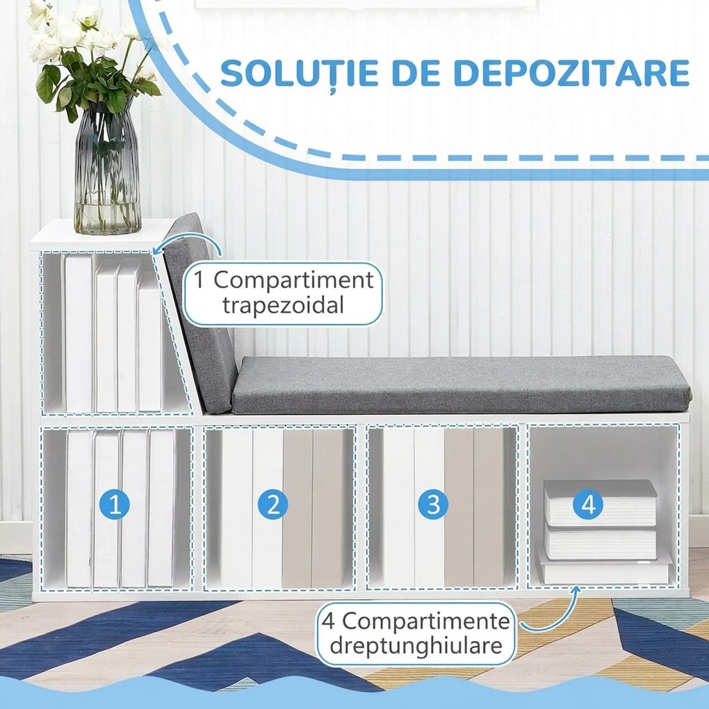 HOMCOM Bibliotecă Modulară cu 5 Rafturi Deschise și 2 Perne, Mobilier pentru Living, Dormitor și Birou, Gri Alb | Aosom Romania