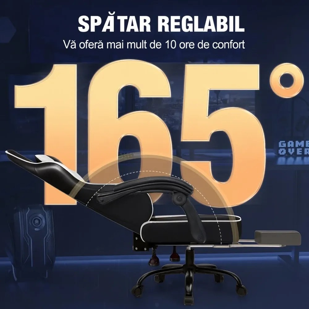 Scaun gaming, Masaj în perna lombară, Suport picioare, Rabatabil 90-165°, piele PU, Negru/Alb