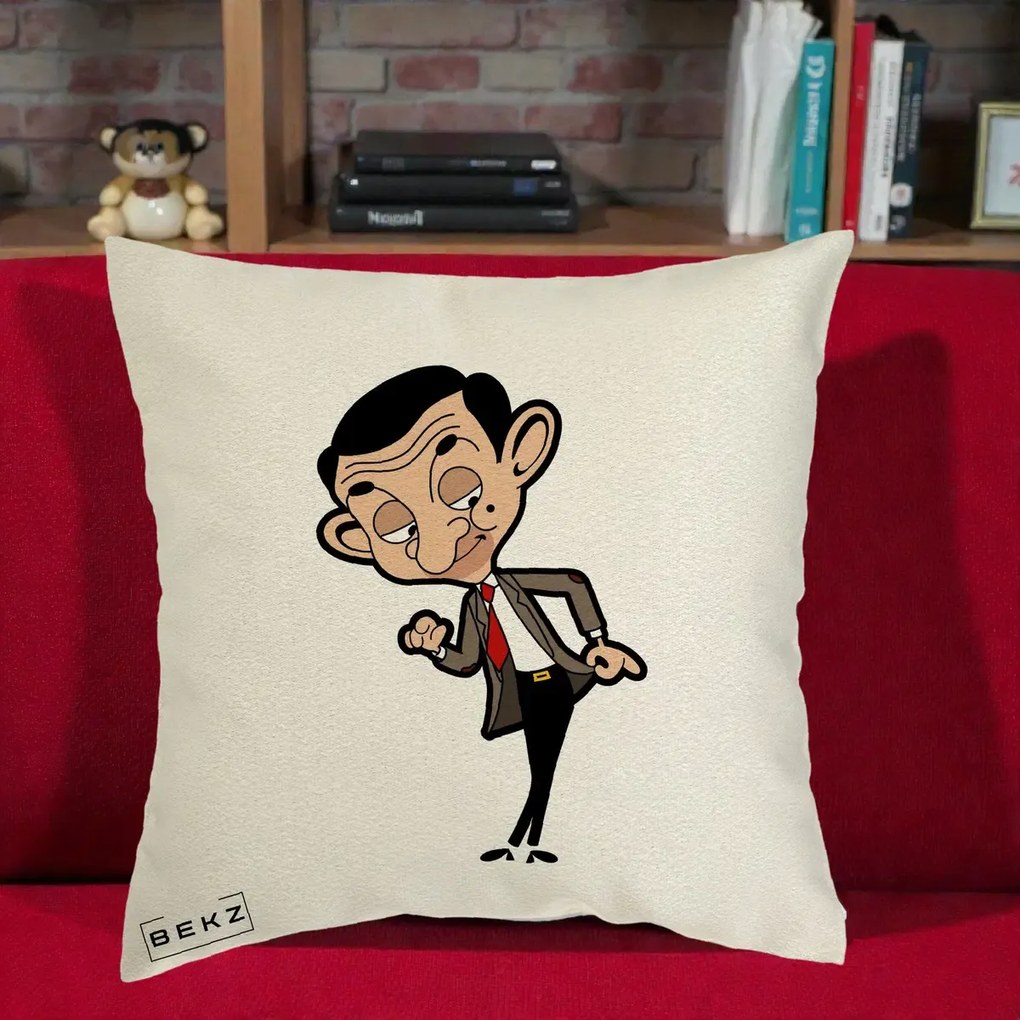 Perna Personalizata Mr. Bean Caricatura, 40x40 cm, Ecru, Husa Detasabila, Perna Inclusa, BEKZ®