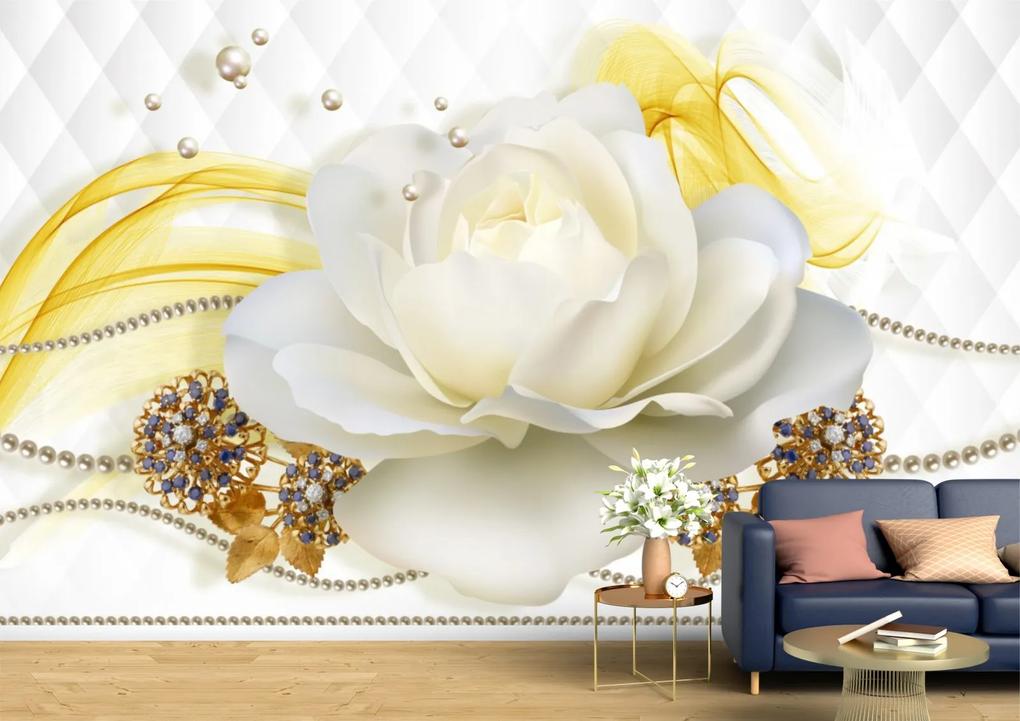 Tapet Premium Canvas - Trandafirul alb cu perle 3d abstract
