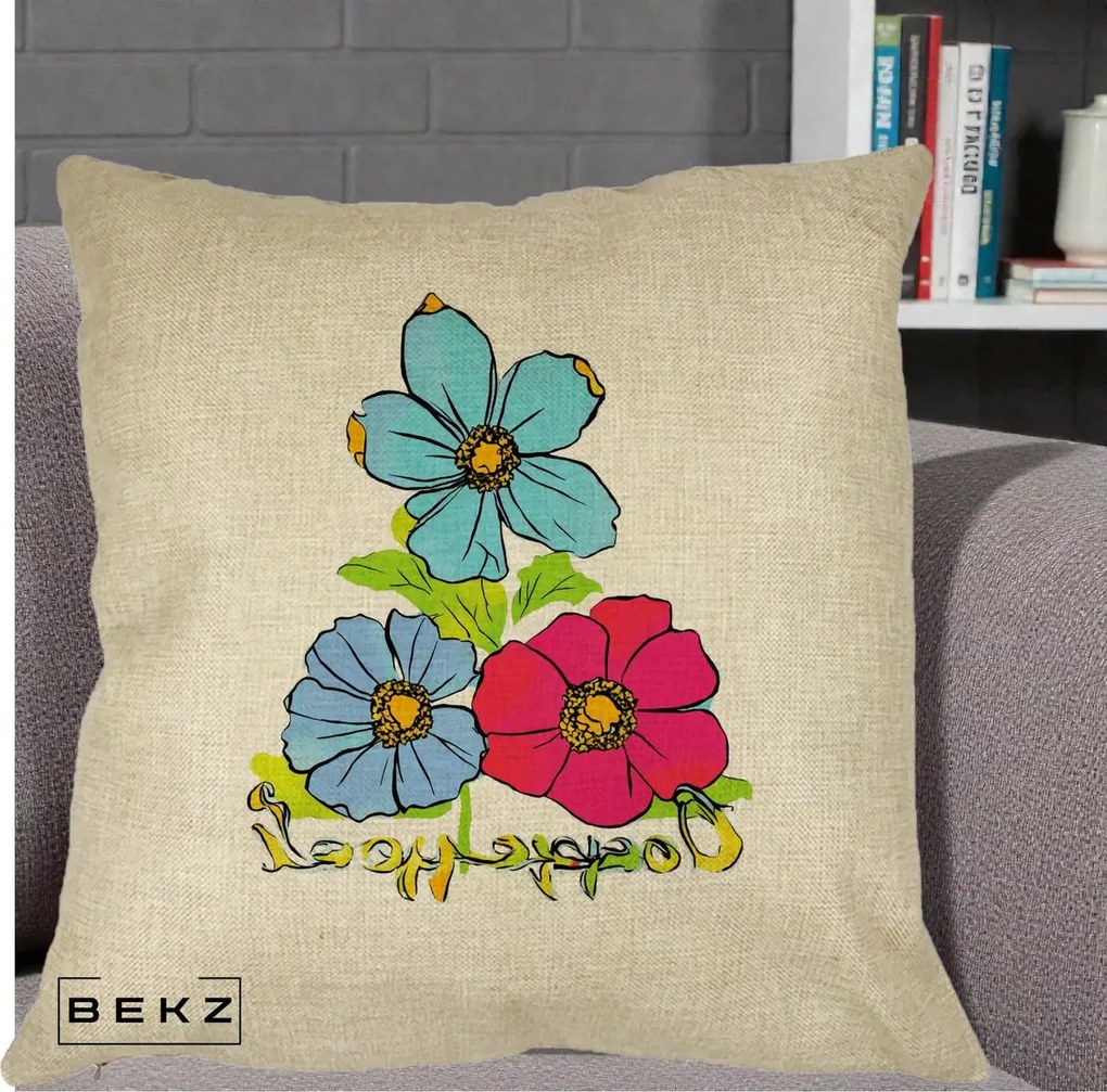 Perna Decorativa Trei Flori Grafice Pop Art, 40x40 cm, Crem, Husa Detasabila, Perna Inclusa, BEKZ®