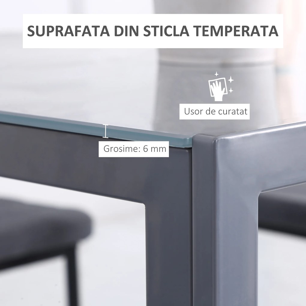 HOMCOM Masă Bucătărie pentru 4 Persoane din Metal și Sticlă Securizată, 75x75x75 cm, Gri | Aosom Romania