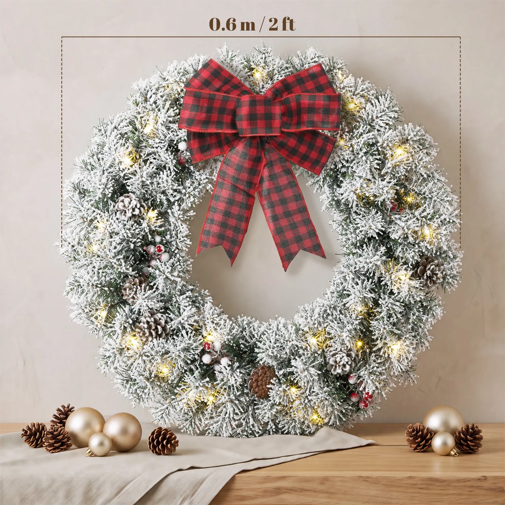HOMCOM Coroniță de Crăciun 60 cm cu Lumini LED, Fundă în Carouri, Conuri de Pin și Bobițe, Verde | Aosom Romania