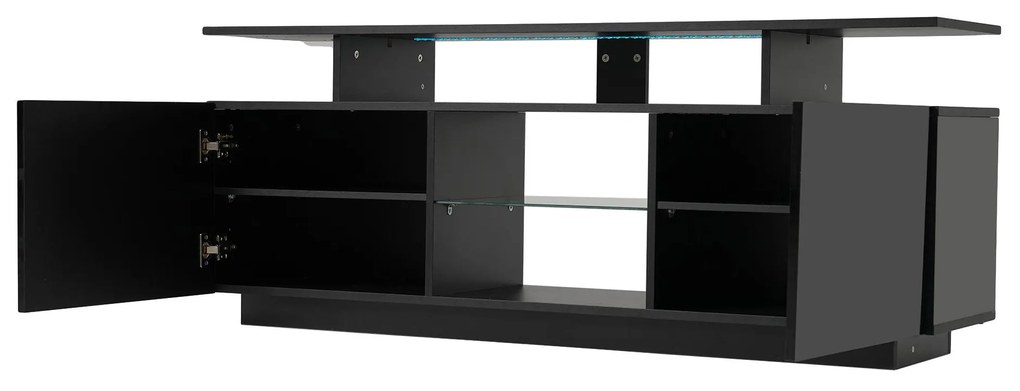 Mobilier TV modern cu iluminare LED în 16 culori, panou frontal lucios, raft din sticlă, 140×35×55 cm, Negru