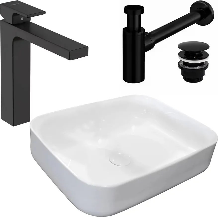 Pachet lavoar pe blat Rea Demi Slim alb 51 cm, baterie lavoar Hansgrohe Vernis Shape 190 negru si ventil lavoar Click-Clack negru
