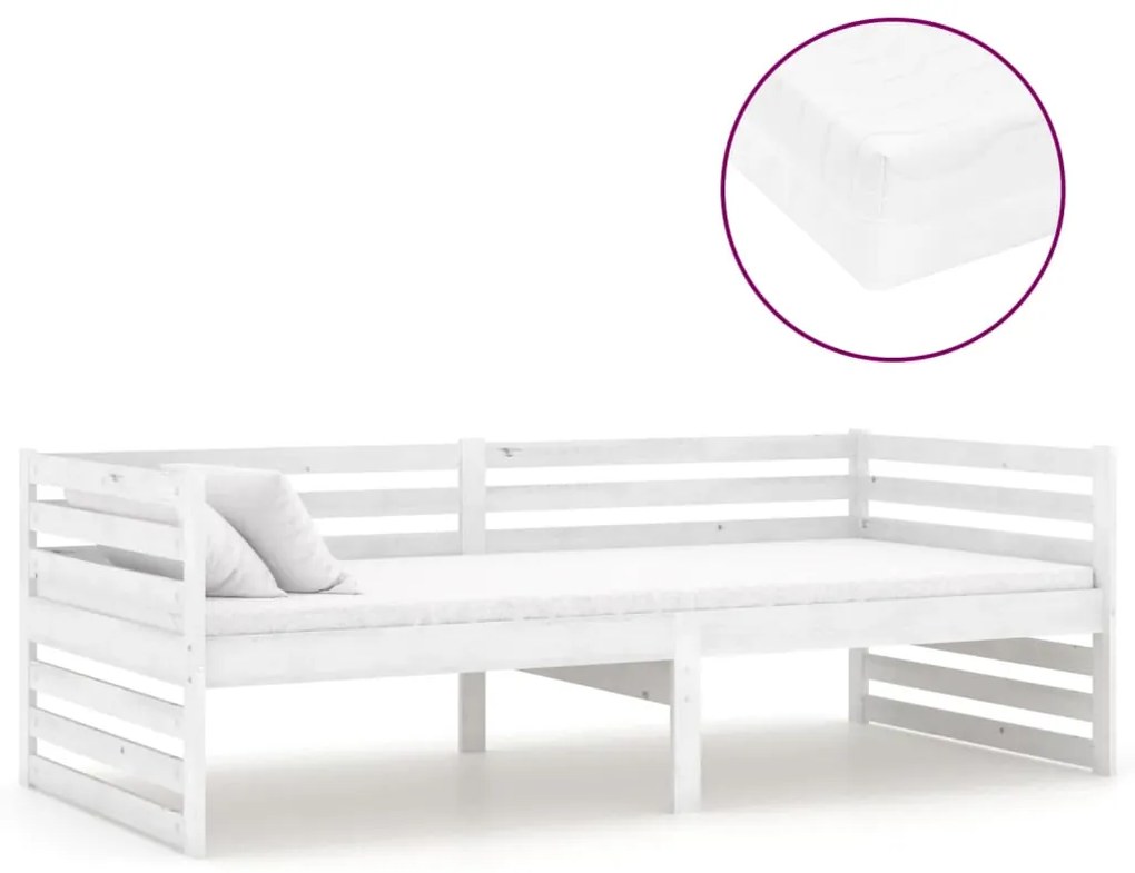 3083635 vidaXL Pat de zi cu saltea, alb, 90x200 cm, lemn masiv de pin