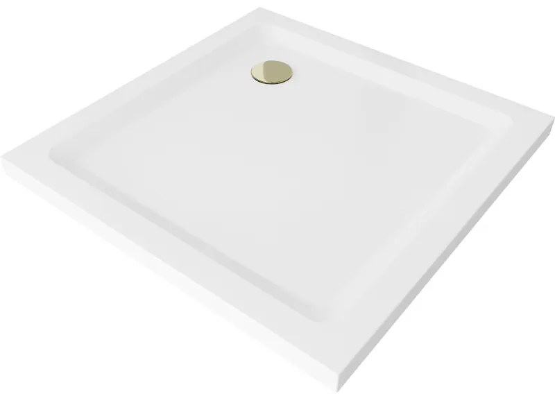 Mexen Flat cadă pentru duș pătrată slim 80 x 80 cm, Albă, sifon Aurie - 40108080G