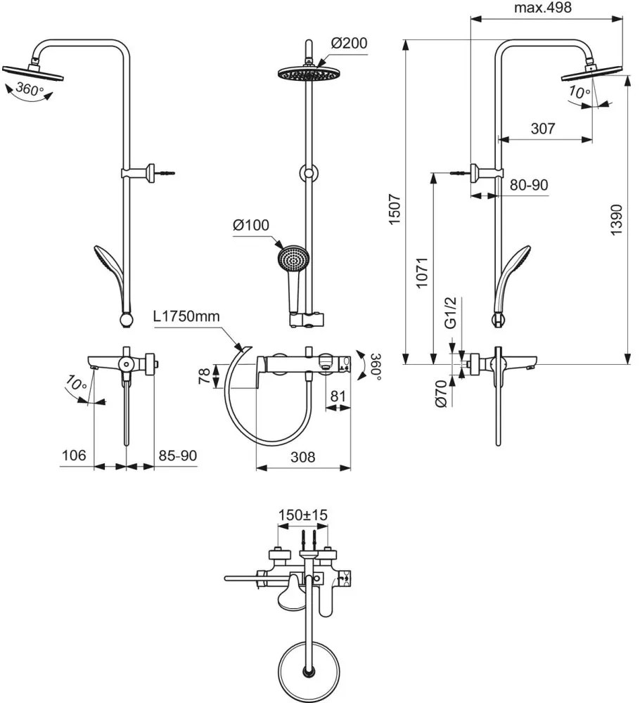 Coloana de dus cu baterie monocomanda si pipa cada Ideal Standard Cerafine O crom lucios Crom lucios