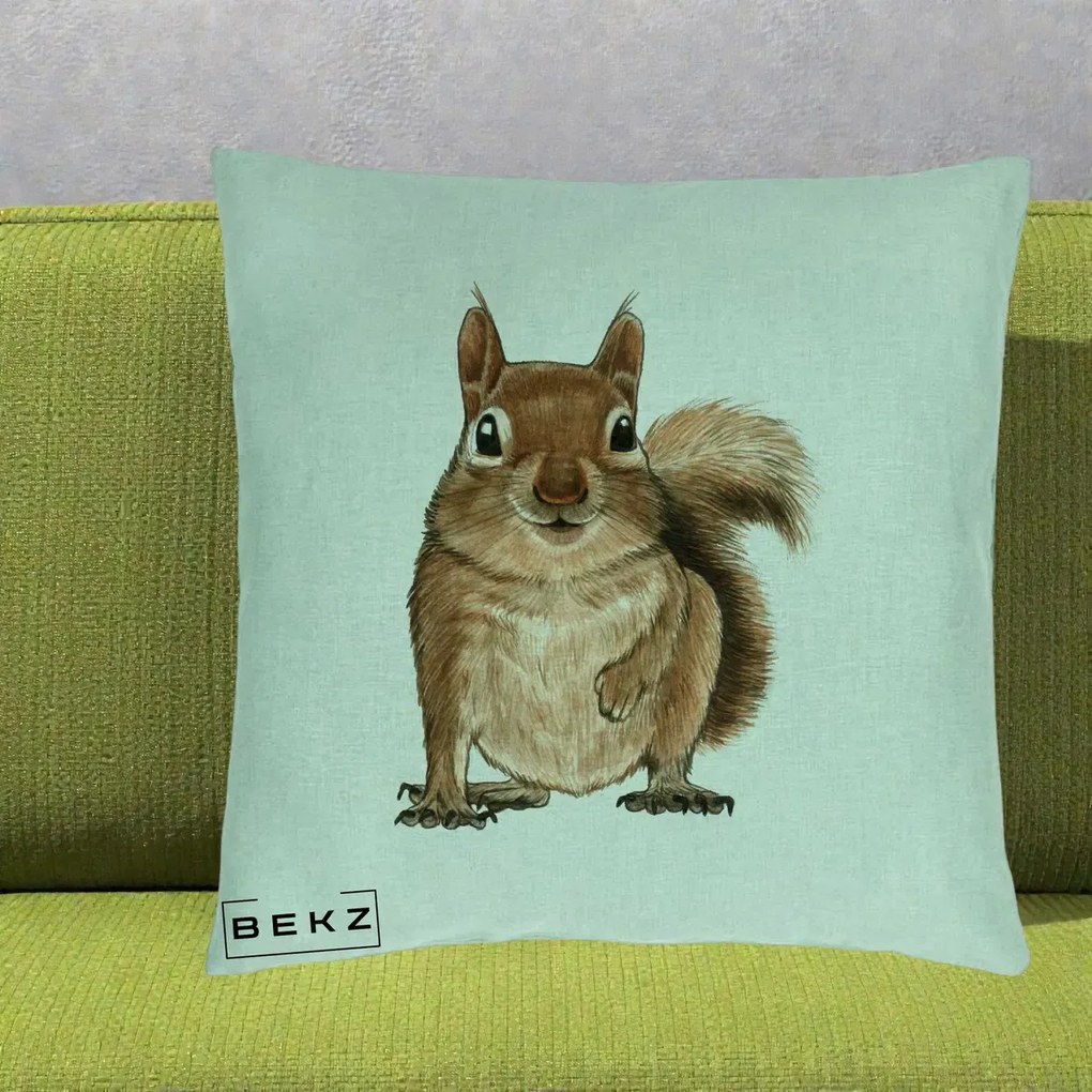 Perna Decorativa Veverita Acuarela, 40x40 cm, Verde Menta, Husa Detasabila, Perna Inclusa, BEKZ®