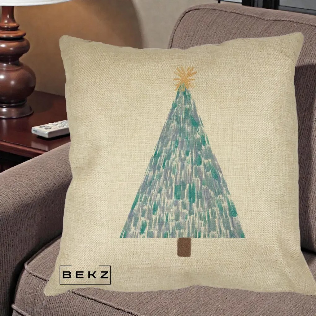Perna Decorativa Brad de Craciun Acrilic Albastru, 40x40 cm, Crem, Husa Detasabila, Perna Inclusa, BEKZ®