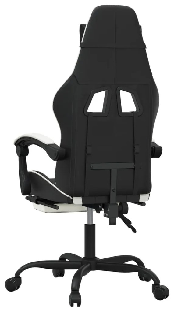 Scaun de gaming cu suport picioare, negru alb, piele ecologica