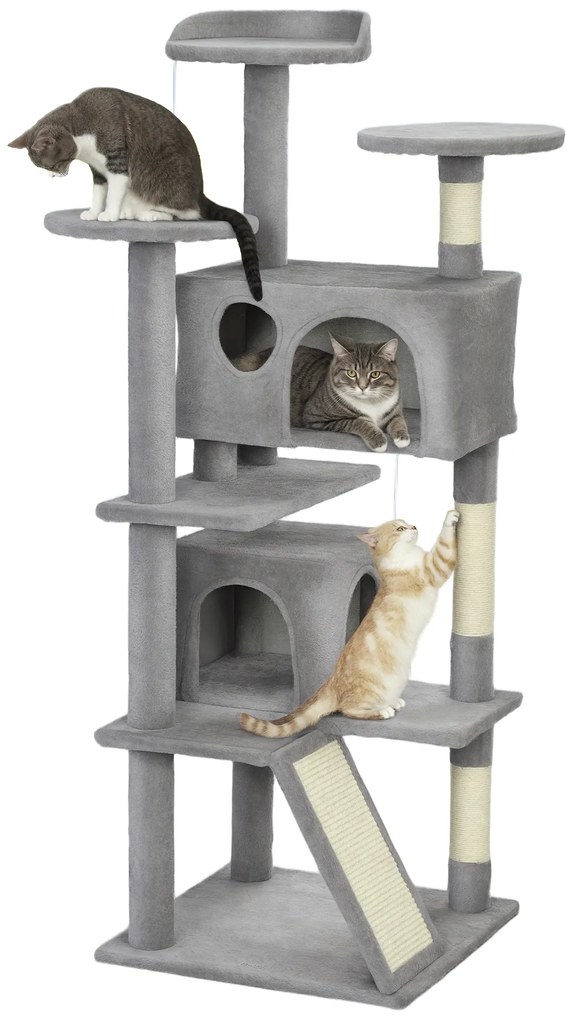 PawHut Arbore pentru pisici înălțime 138 cm, turn de joc pentru pisici cu zgârietoare, platforme, 2 cotețe, 49 x 49 x 138 cm gri deschis | Aosom Romania