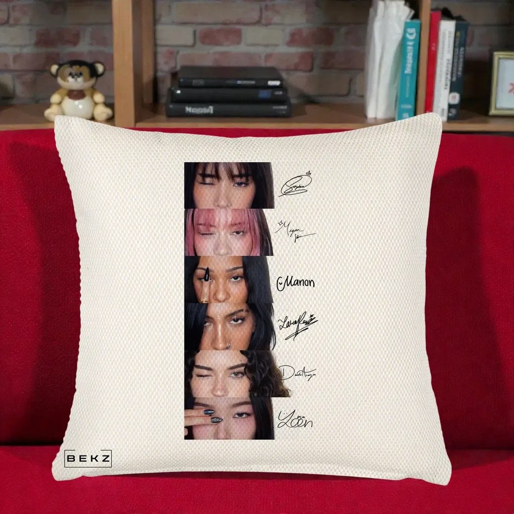 Perna Personalizata K-pop KATSEYE Semnaturi fara Foto, 40x40 cm, Crem Reliefat, Husa Detasabila, Perna Inclusa, BEKZ®