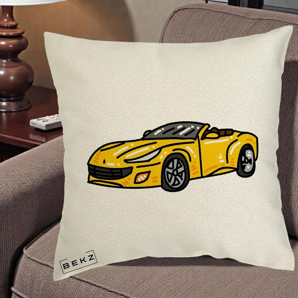 Perna Personalizata Masina Cabriolet Galbena Grafic, 40x40 cm, Ecru, Husa Detasabila, Perna Inclusa, BEKZ®
