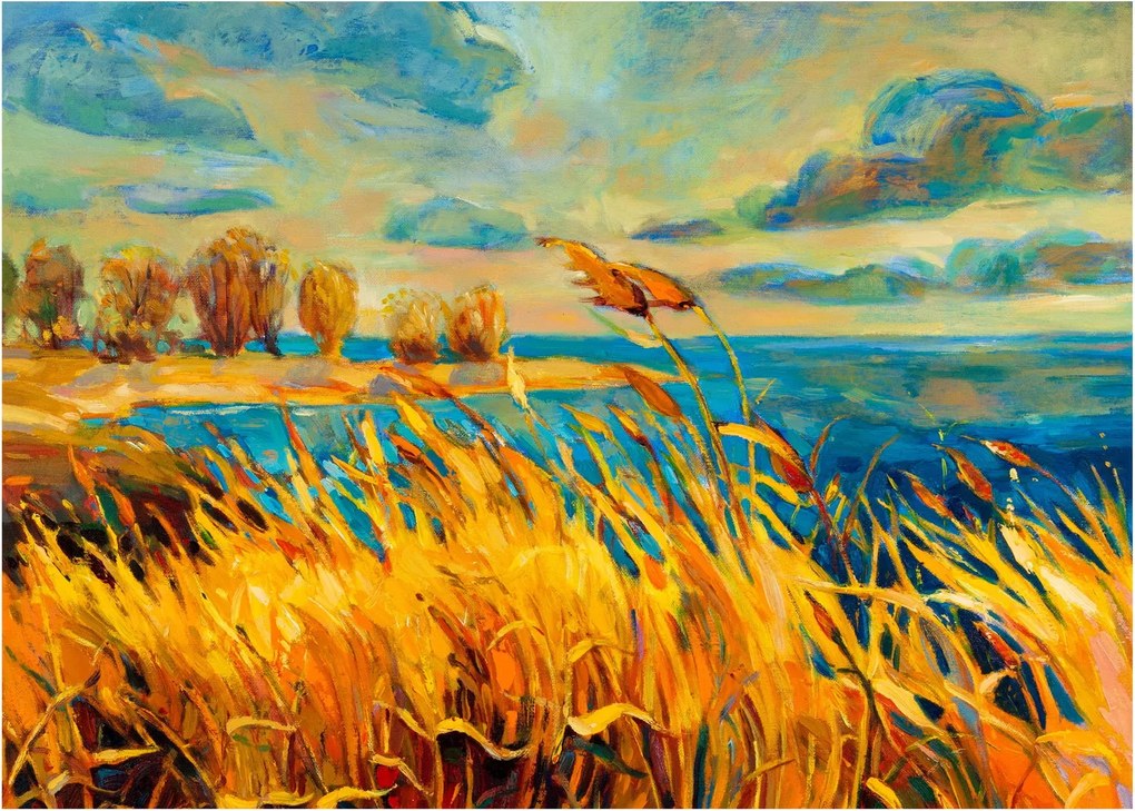 Tablou pe sticlă - Apus de soare peste lac, pictură acrilică (70x50 cm)