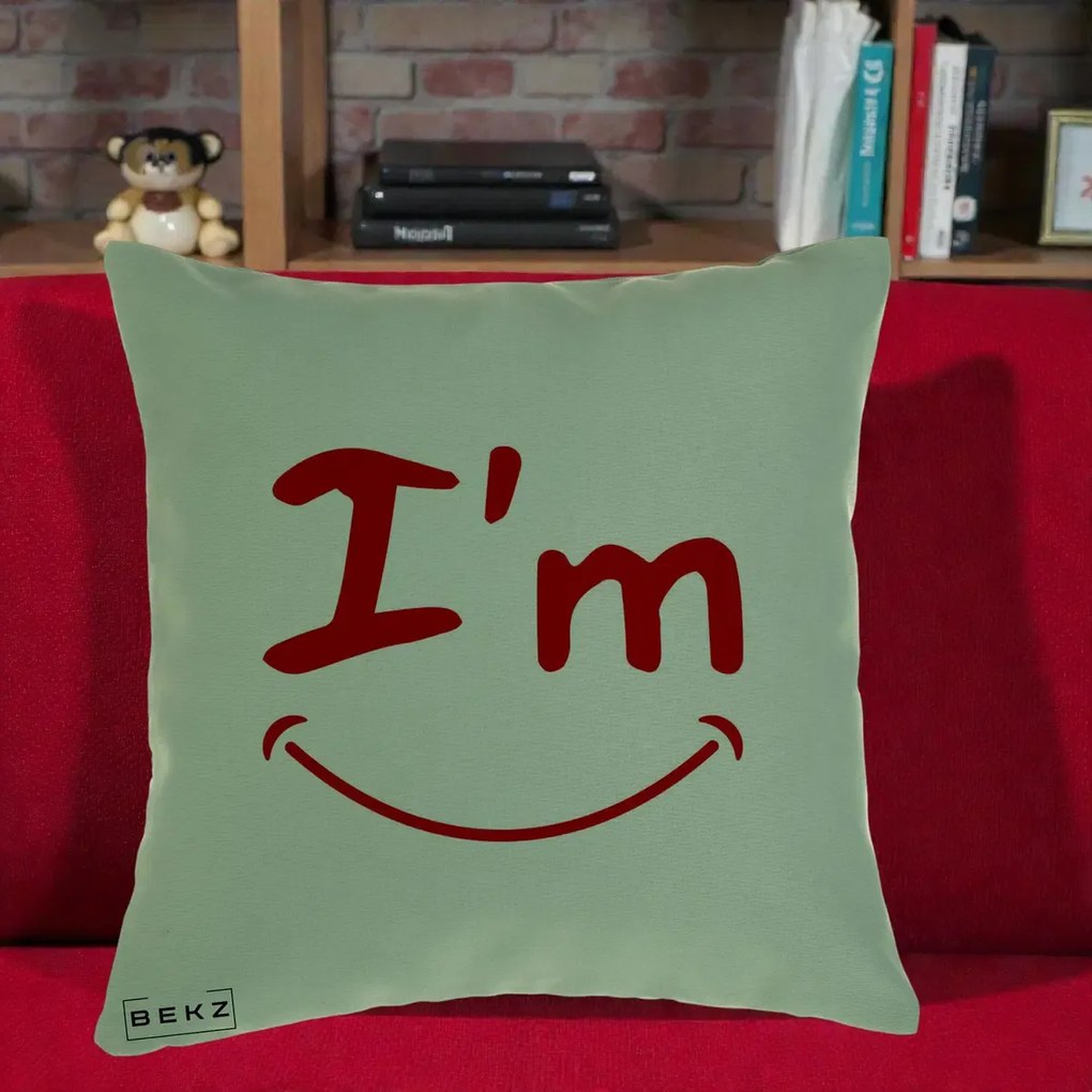 Perna Decorativa I'm Happy Smile, 40x40 cm, Verde, Husa Detasabila, Perna Inclusa, BEKZ®