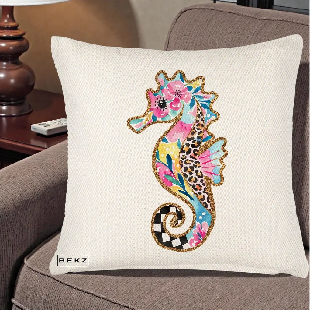 Perna Decorativa Calut de Mare Glitter Tropical, 40x40 cm, Crem Reliefat, Husa Detasabila, Perna Inclusa, BEKZ®
