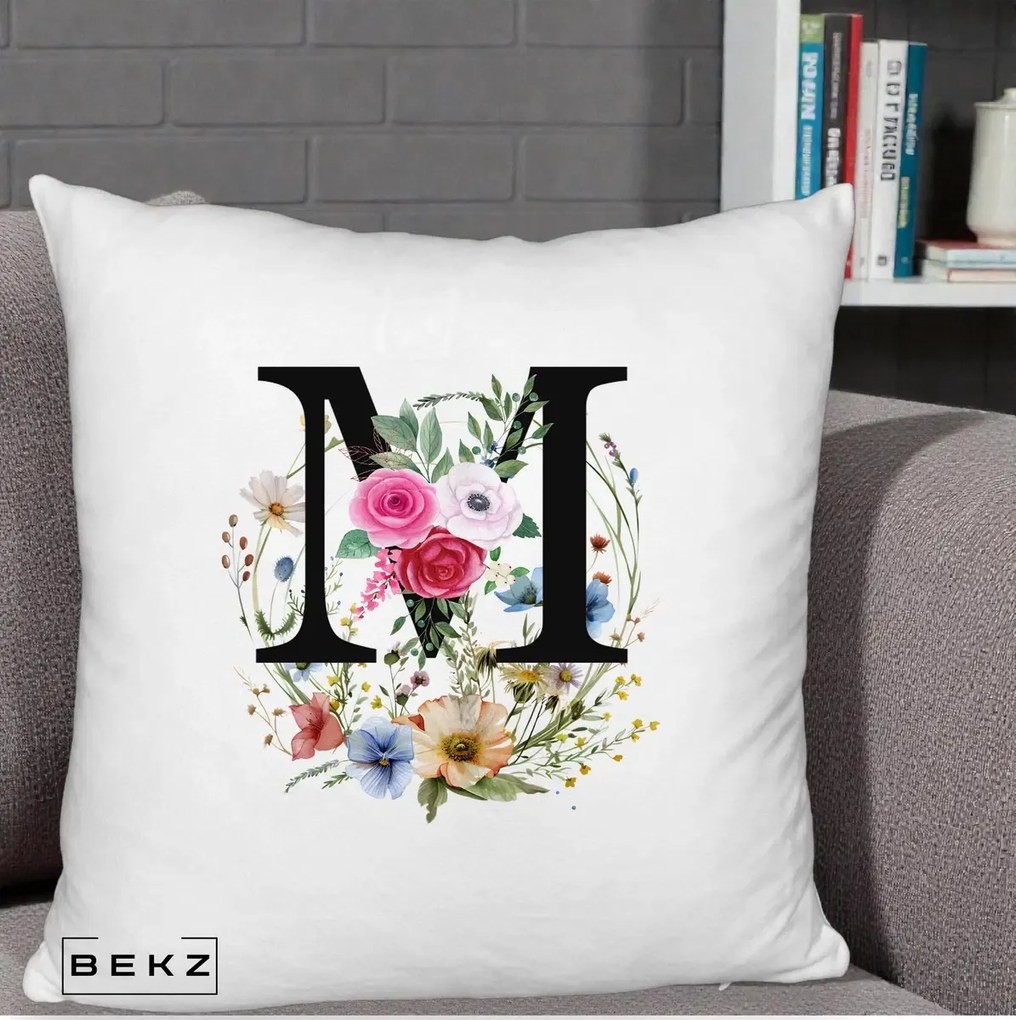 Cadou Personalizat - Perna Personalizata Monogram Litera M cu Flori Acuarela, 40x40 cm, Alb Pufos, Husa Detasabila, Perna Inclusa, BEKZ®