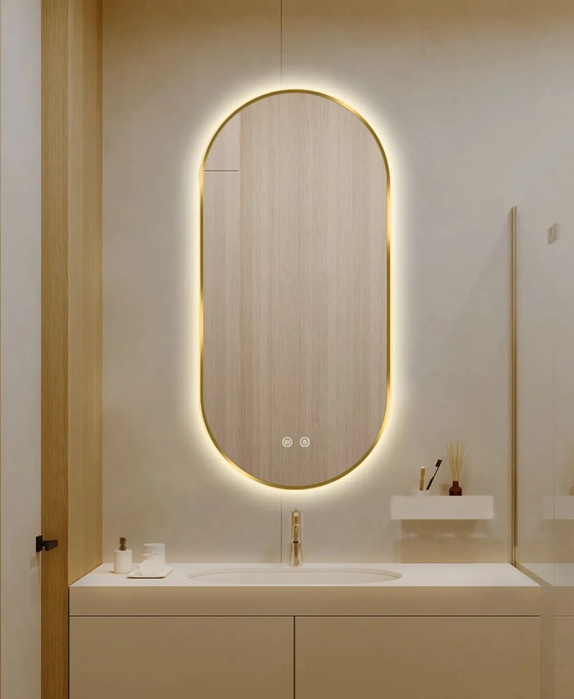 Oglindă LED Touch Premium, Dezaburire, Rama Auriu, 3 Tipuri Lumină 50/80 cm