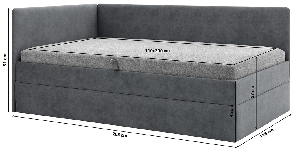 Pat matrimonial 110 cm Optoman (gri închis) (cu somieră și saltea) (cu sp. depozitare). 1098581