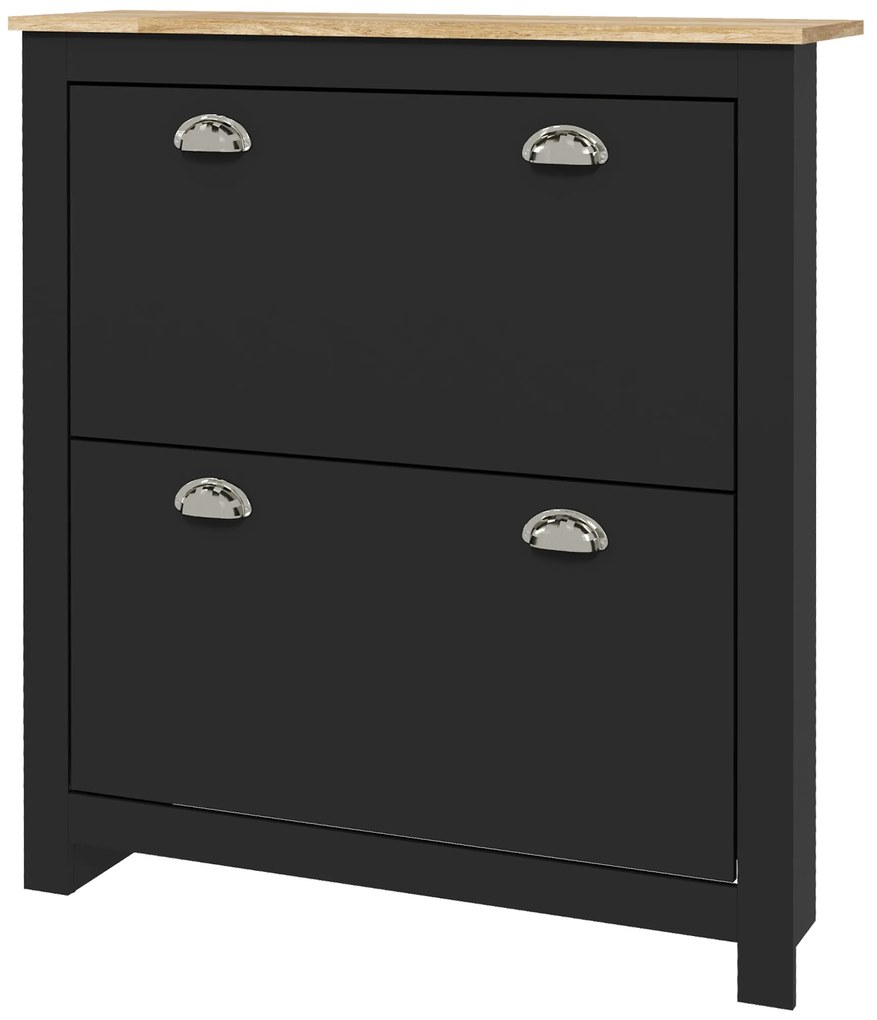 HOMCOM Dulap pantofi 2 uși rabatabile 2 compartimente mânere cochilie metal 79 x 23 x 90,5 cm negru stejar | Aosom Romania