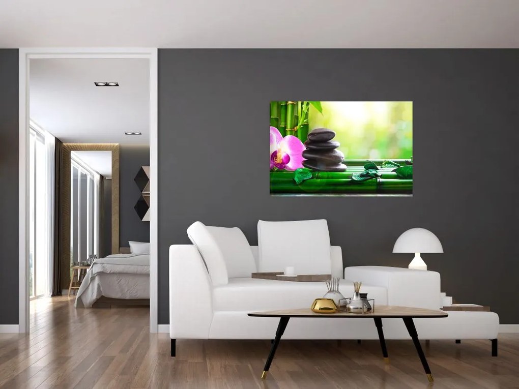 Tablou cu pietre pentru masaj și orhidee (90x60 cm)