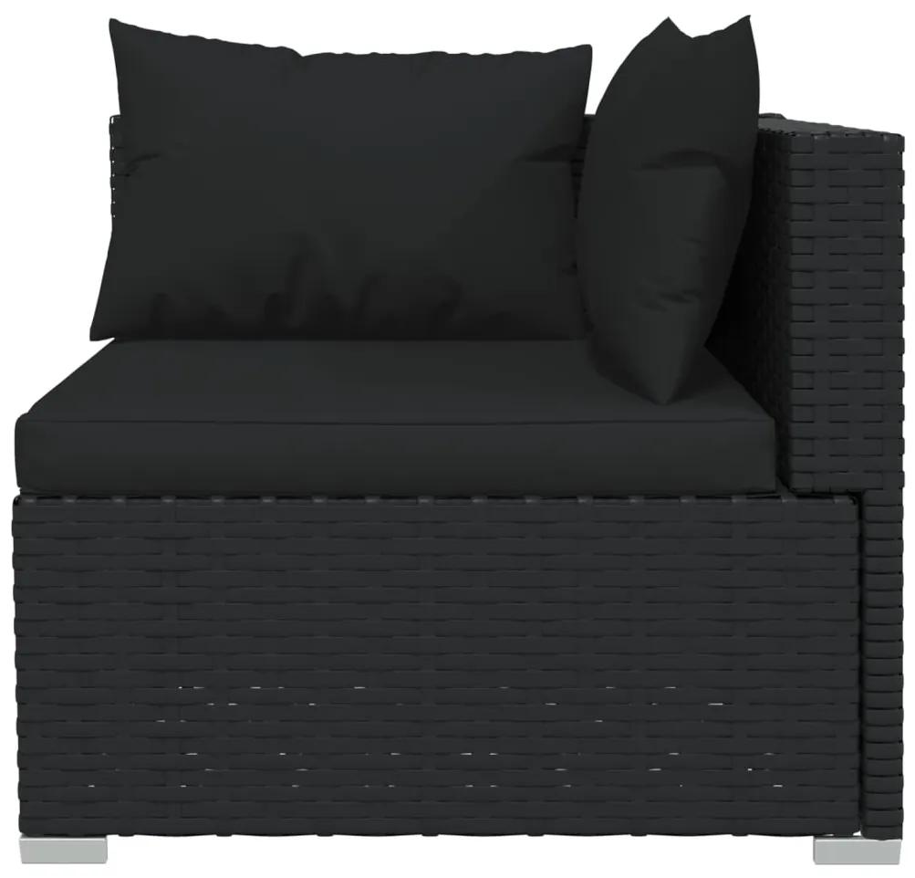 Canapea cu 3 locuri, cu perne, negru, poliratan 1, Negru, 2x colt + mijloc, 1