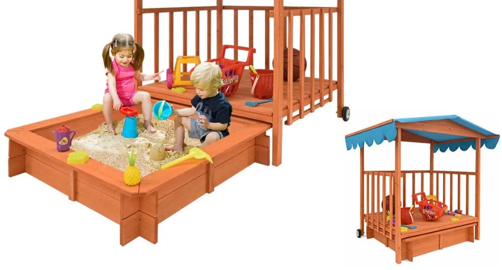 Casuta de joaca din lemn cu lada de nisip si acoperis parasolar