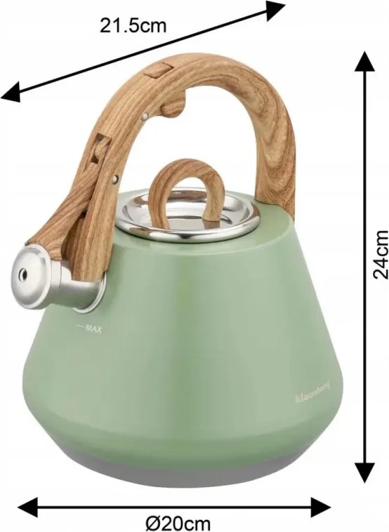 Ceainic cu fluier Klausberg KB 9062, 2,5 l, Otel inoxidabil, Maner care nu se incalzeste, Toate plitele inclusiv inductie, Verde