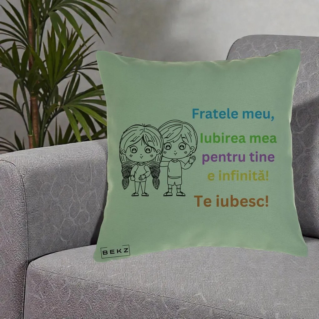 Cadou pentru Frate - Perna Personalizata Fratele Meu Te Iubesc Copii Anime Colorat, 40x40 cm, Verde, Husa Detasabila, Perna Inclusa, BEKZ®