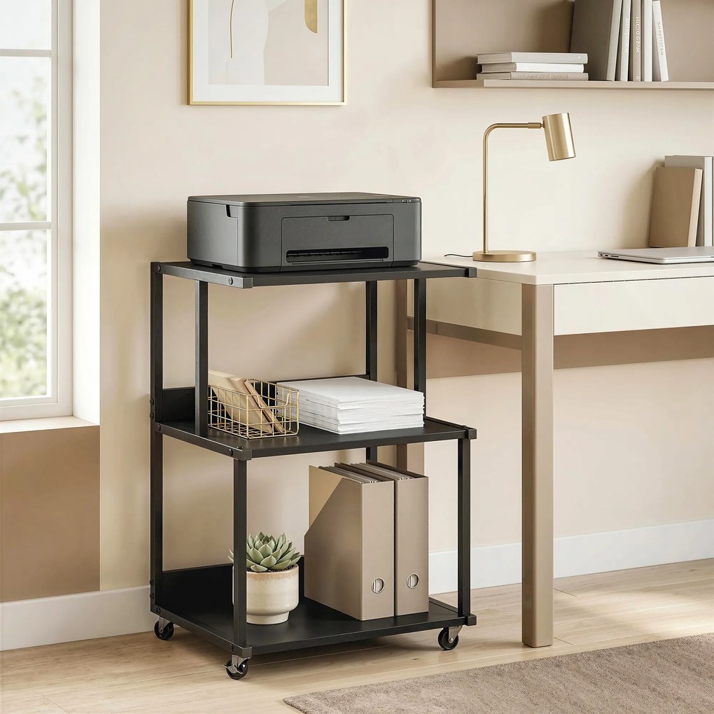 HOMCOM Suport pentru Imprimantă cu 3 Niveluri, Tavă Industrială Metalică pentru Birou, Negru | Aosom Romania