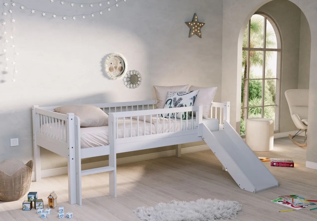 Pat Semi-Înălțat (Mid Sleeper) Forrest Beech 90x200 cm, pentru Camera Copii, din Lemn de Fag Lăcuit Alb, cu Tobogan și Sertare – Vipack