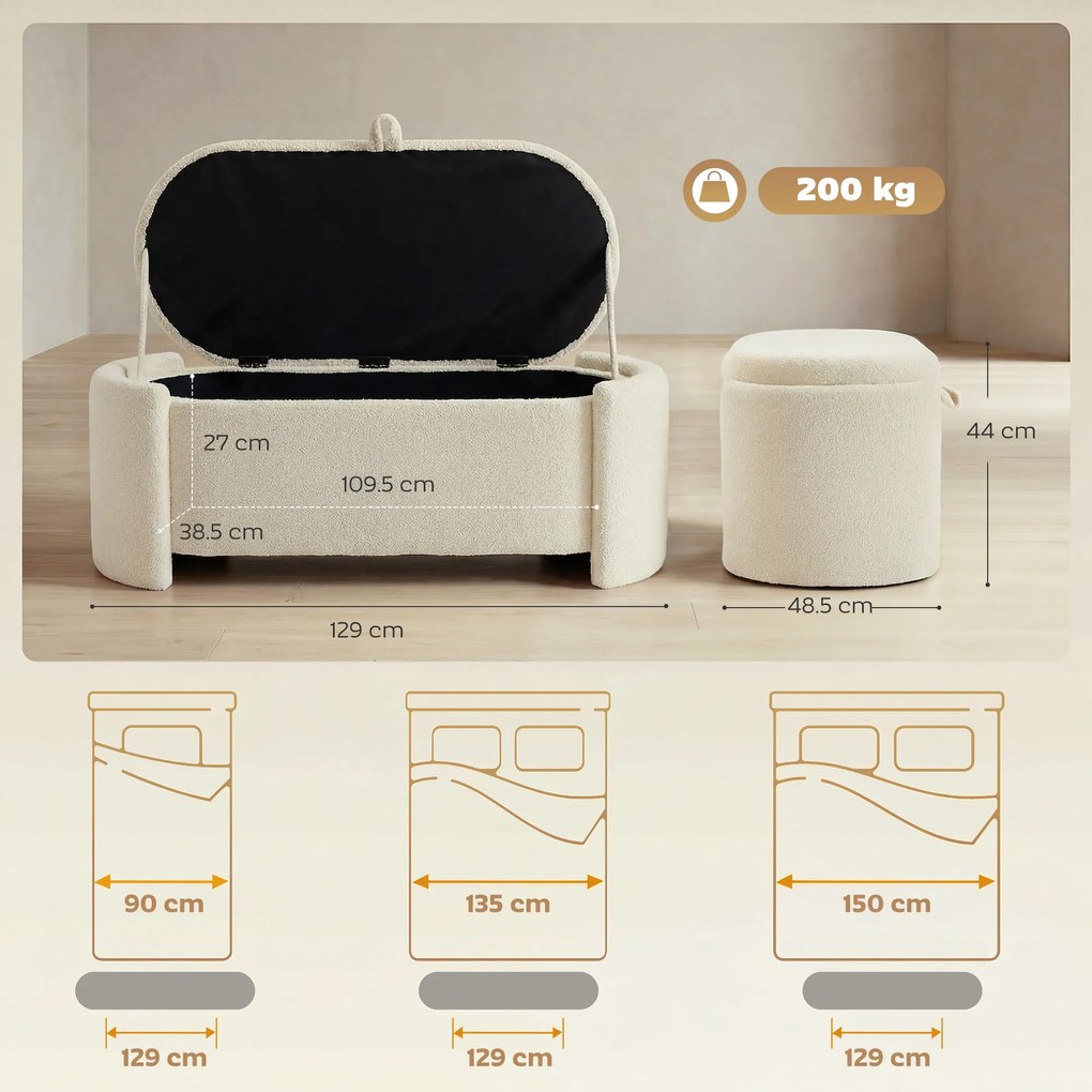HOMCOM Banc de depozitare, banc la picioarele patului oval din polar Teddy cu șezut lat, 129 x 48,5 x 44 cm, crem | Aosom Romania